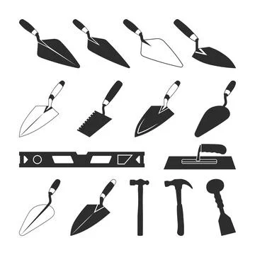 Bricklayer trowel set Silhouette, Putty Knife Clipart Bundle, Masonry Hammer Stock Illustration