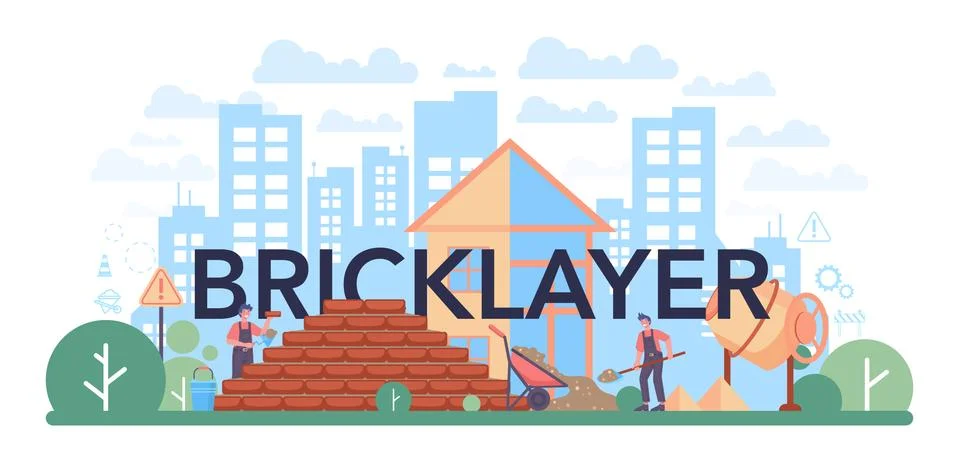 Bricklayer typographic header. Professional builder constructing a brick wall Stock Illustration