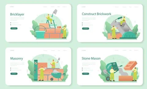 Bricklayer web banner or landing page set. Professional builder Stock Illustration