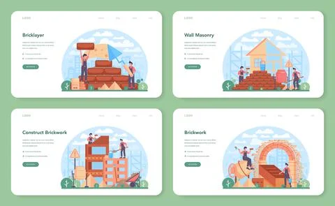 Bricklayer web banner or landing page set. Professional builder constructing Stock Illustration
