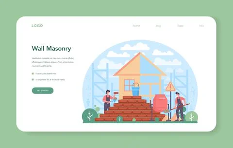 Bricklayer web banner or landing page. Professional builder constructing Stock Illustration