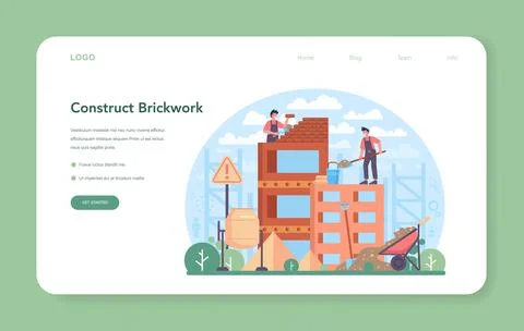 Bricklayer web banner or landing page. Professional builder constructing Stock Illustration