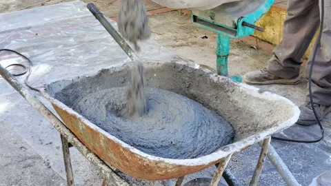 Bricklayer work with cement concrete mixer and wheelbarrow on construction site Stock Footage 147187913