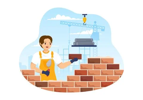 Bricklayer Worker Illustration with People Construction and Laying Bricks f.. Stock Illustration