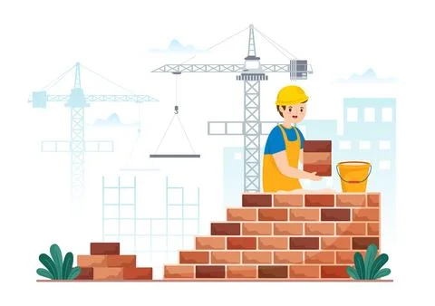 Bricklayer Worker Illustration with People Construction and Laying Bricks f.. Stock Illustration