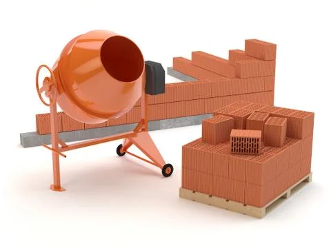 Bricks and concrete mixer, 3D illustration Stockillustratie