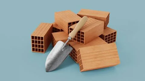 Bricks and hand shovel isolated on blue background. 3D illustration Stock Illustration