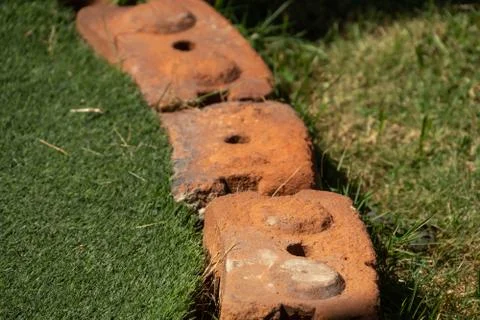 Bricks between artificial grass and the grass in the garden. Stock Photos