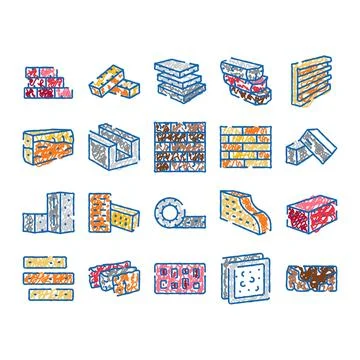 Bricks building materials construction doodle sketch icons Stock Illustration