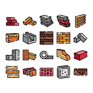 Bricks building materials construction icon set vector Stock Illustration