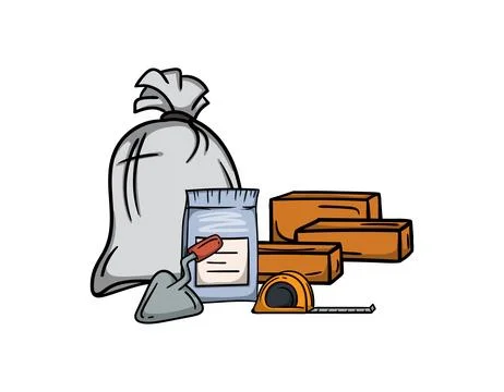 Bricks, building materials, tape measure, trowel Ilustración de archivo