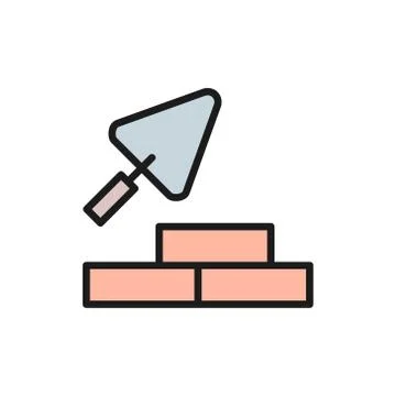 Bricks with building trowel, brickwork flat color line icon. 스톡 일러스트