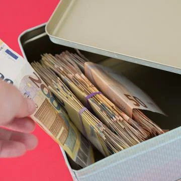 Bricks of euro notes in a metal box. Human hand taking one out Stock Photos