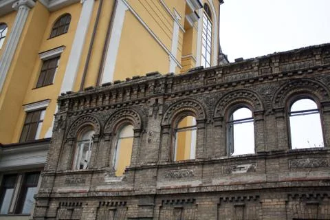 Bricks facade of ruined building Stock Photos