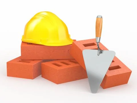 Bricks, hardhat and trowel on white background. 3d Stock Illustration