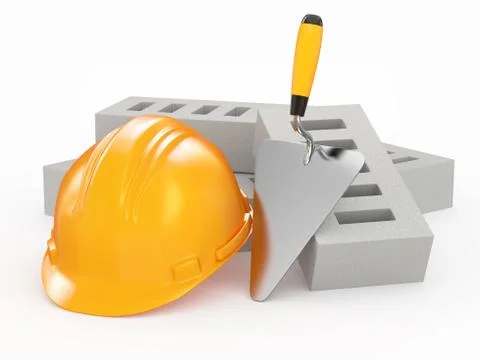 Bricks, hardhat and trowel on white background. 3d Stock Illustration