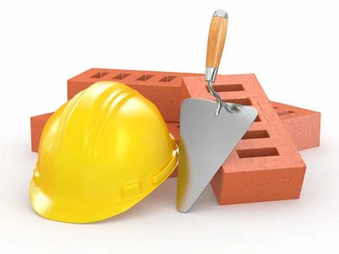 Bricks, hardhat and trowel on white background. 3d Иллюстрация