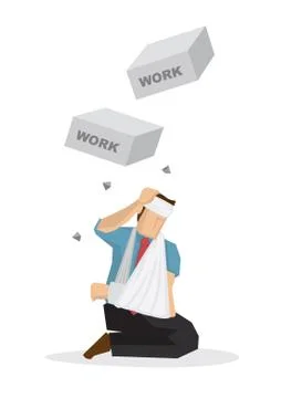 Bricks with a title work falling down on injured businessman. Concept of misf Stock Illustration