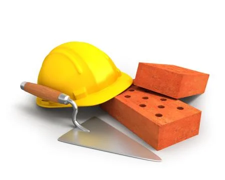 Bricks, trowel and a yellow plastic helmet Illustration