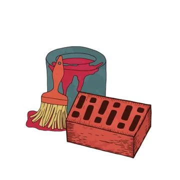 Bricks, trowel a coat of paint and a brush. Stock Illustration