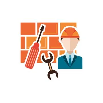 Bricks wall construction with engineer and tools detailed Stock Illustration