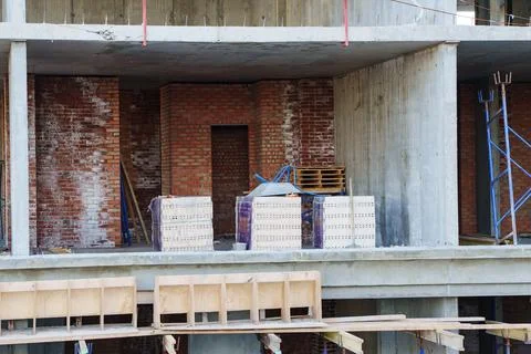 Brickwork and Materials on Construction Site Stock Photos