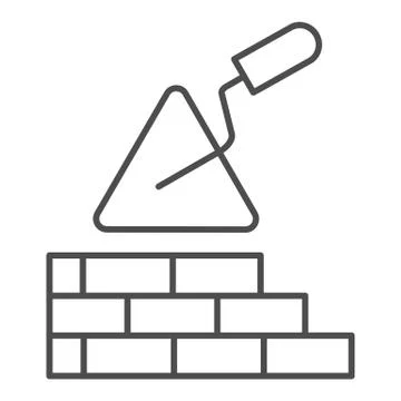Brickwork and trowel thin line icon. Spatula tool and building brick wall symbol Ilustración de archivo