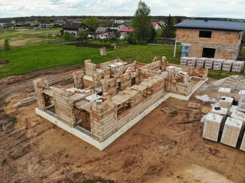 Brickwork in progress at the construction site Stock Photos