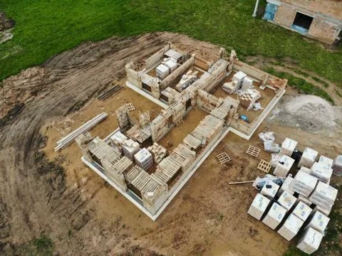 Brickwork in progress at the construction site Stock Photos