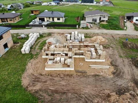 Brickwork in progress at the construction site Stock Photos
