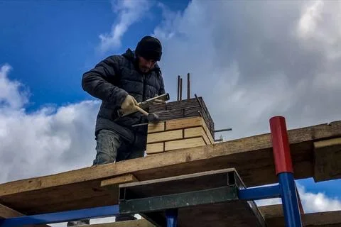 Brickwork of supporting pillar of the building. Brickwork. Foto stock