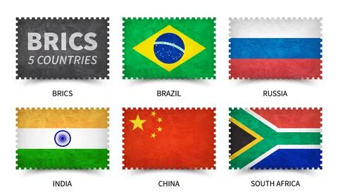 BRICS . Association of 5 countries . Stamp shape with grunge paper texture .  Stock Illustration