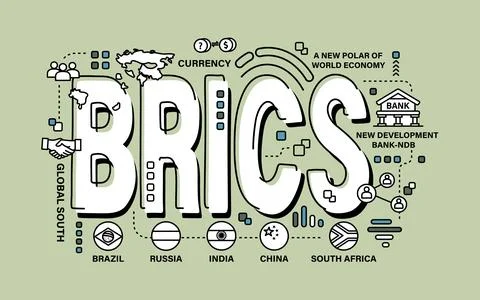 BRICS . Association of 5 countries . Word and outline icon on solid color b.. Illustrazione stock