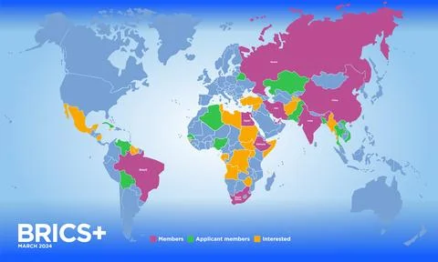 BRICS countries map in the march 2024 with new members, illustration Illustrazione stock