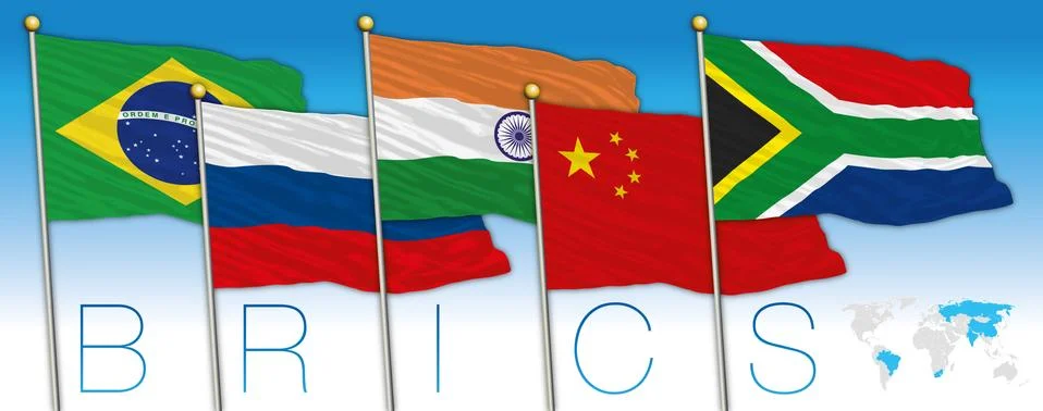 BRICS coutries flags and map, vector illustration Illustrazione stock