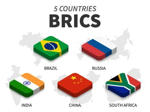 BRICS flag . association of 5 countries and map on white background . Isometr Illustrazione stock