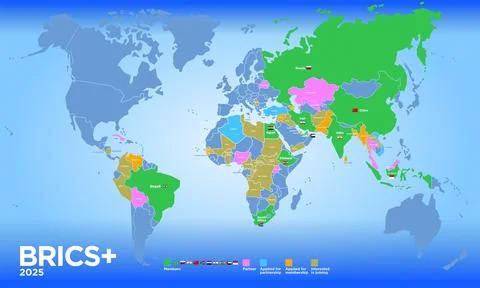BRICS PLUS countries map 2025, vector illustration Illustrazione stock