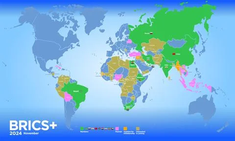 BRICS PLUS countries map november 2024, illustration Illustrazione stock