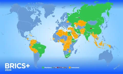 BRICS PLUS countries map october 2024, vector illustration Illustrazione stock