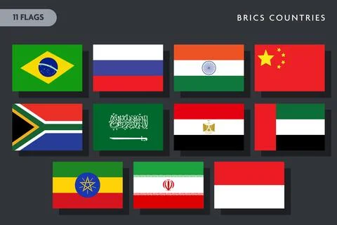 BRICS Plus Member Nations National Flags Collection Vector Illustration Set Stock Illustration