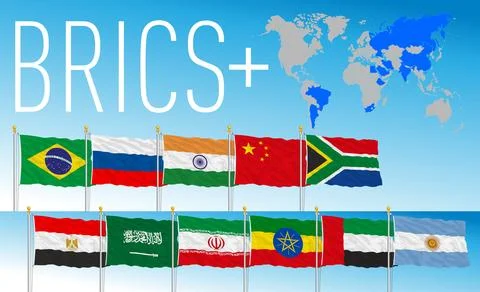 BRICS Plus organization, waving flags of the countries and map Illustrazione stock