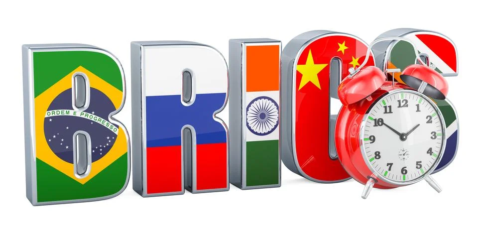 BRICS summit with alarm clock, 3D rendering Stock Illustration