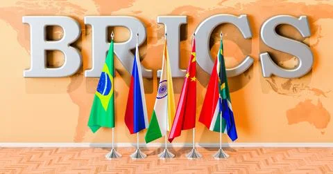 BRICS summit, flags of all members BRICS in room. 3D rendering Stock Illustration