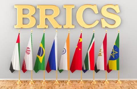 BRICS summit, flags of all new members BRICS. 3D rendering Stock Illustration
