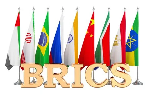 BRICS summit flags with all new members BRICS. 3D rendering Stock Illustration