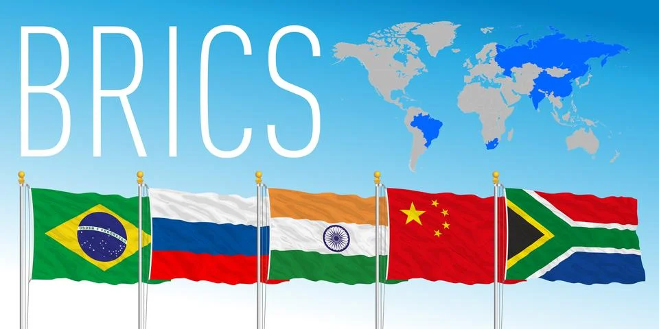 BRICS summit, flags of the countries and map Illustrazione stock