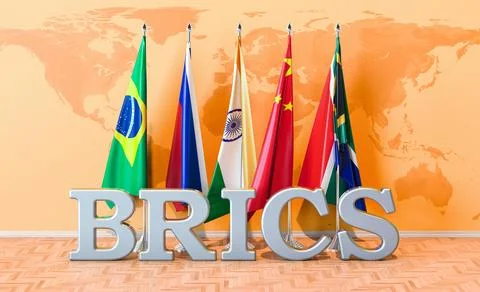 BRICS summit meeting concept, flags of all members BRICS in room. 3D renderin Stock Illustration