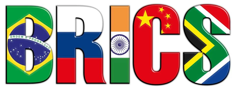 BRICS summit, name with flags of the countries Stock Illustration