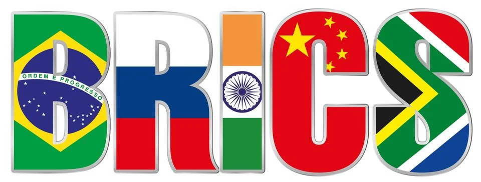 BRICS summit, name with flags of the countries Stock Illustration
