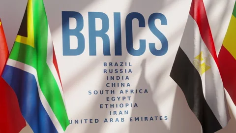 BRICS summit or meeting concept. Row from flags of all members of BRICS Stock Footage 309416651